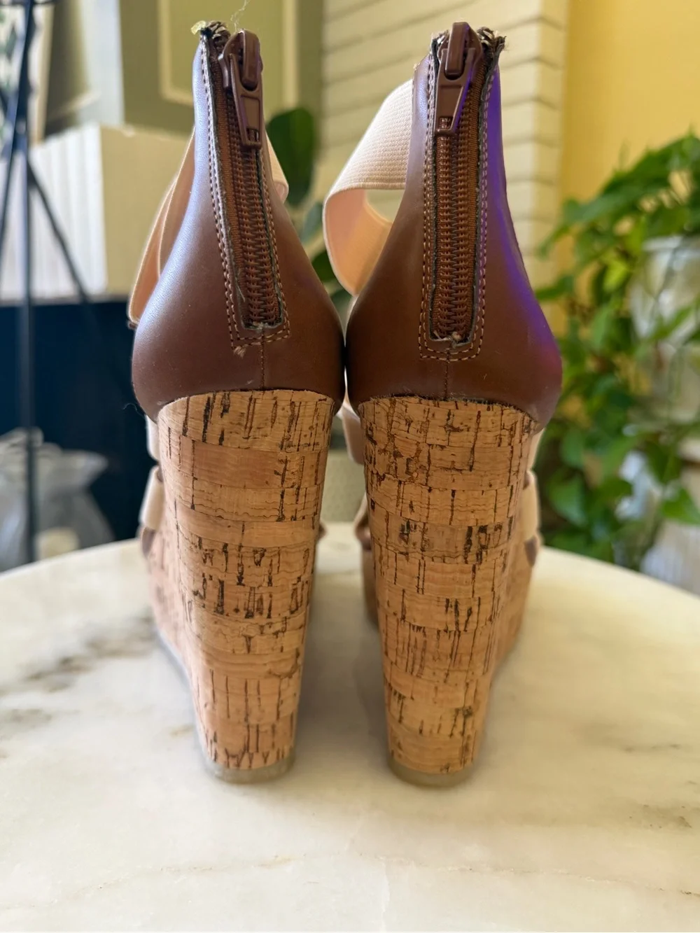 NWOT Steve Madden Beige and Brown Cork Wedge Sandals with Elastic Straps